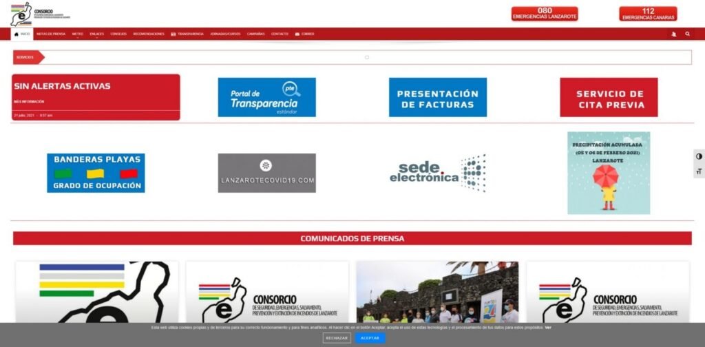 Captura de la página de inicio de Emergencias de Lanzarote