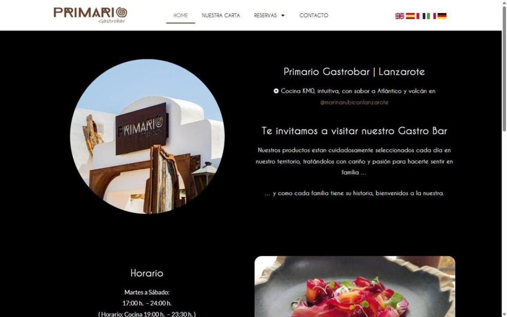 Captura de la página de inicio de Primario Gastrobar