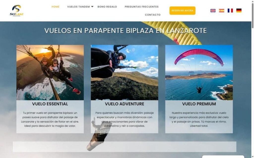 Captura de la página de inicio de Skylanz Paragliding