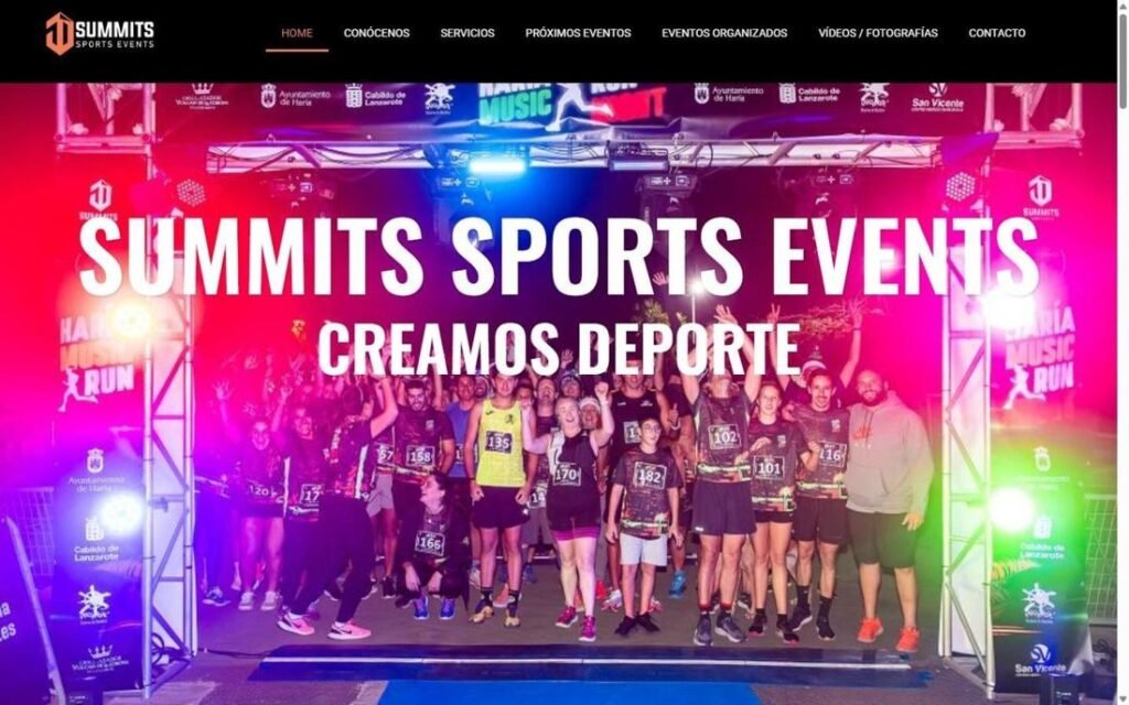 Captura de la página de inicio de Summit Sports Events